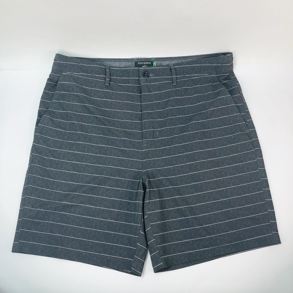 Dockers Men's 38 Swim Shorts Trunks (No Liner) Gray Stripe Drawstring Stretch